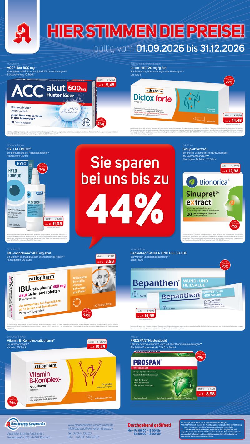 Monatsangebote der Blauen Apotheke Kortumstraße – September bis Dezember 2026 Angebotsflyer der Blauen Apotheke Kortumstraße in Bochum mit Aktionspreisen für verschiedene Arzneimittel und Gesundheitsprodukte, gültig vom 1. September bis 31. Dezember 2026.